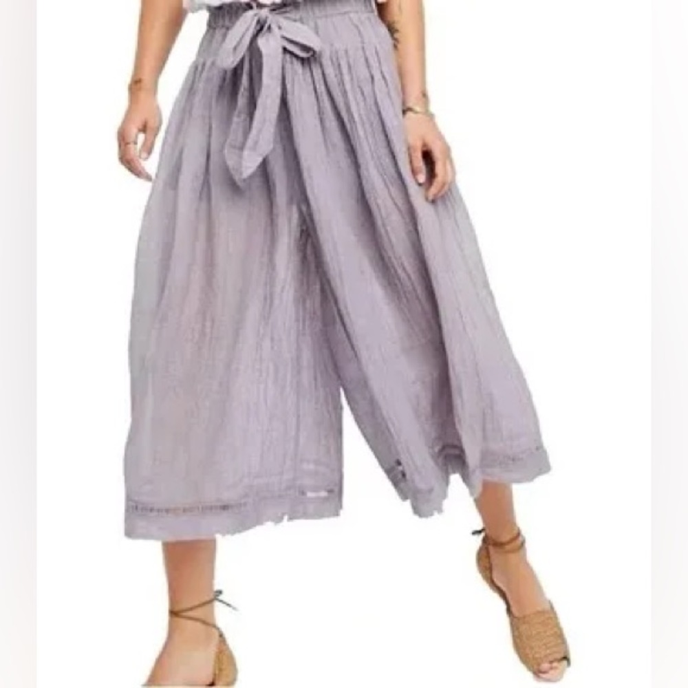 New Free People lilac purple Wide Leg Cropped Gauze linen Guacho Pants sz Small